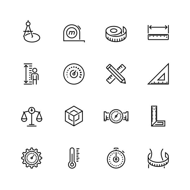 Measuring tools and measures vector icon set in thin line style Measuring tools and measures vector icon set in thin line style instrument of measurement stock illustrations
