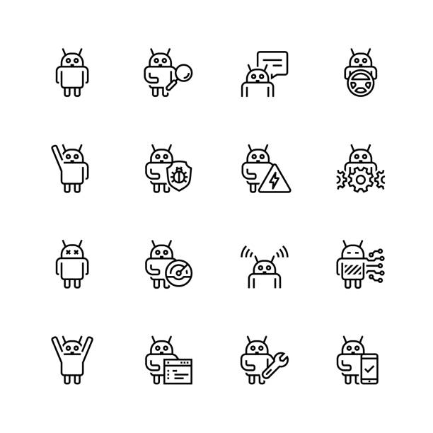 Robot or bot related vector icon set in thin line style Robot or bot related vector icon set in thin line style robot spider stock illustrations