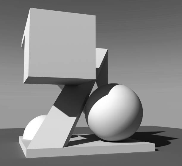 istock Modern minimalist geometric sculpture with cube and sphere. Black and white 3D render. Gradient background. 902897358