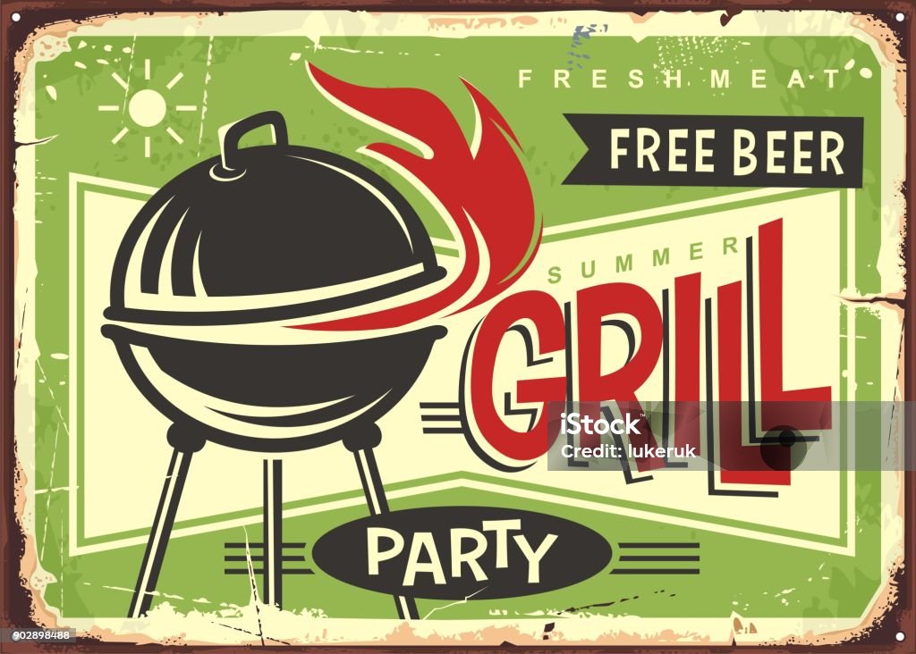 Grill appliance with red fire flames retro sign design Grill appliance with red fire flames on summer green background. Barbecue party retro sign design. Barbecue Grill stock vector