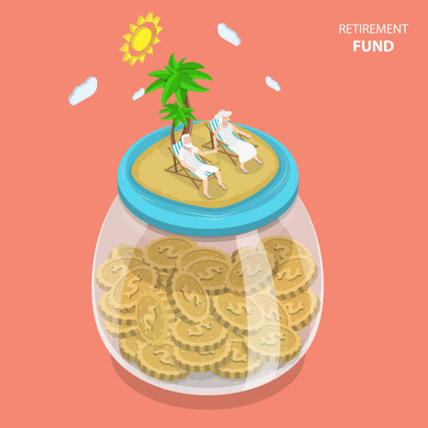 Retirement fund flat isometric vector concept. Retirement fund flat isometric vector concept. Aged couple is laying on the beach chairs on the sea shore that located on the top of the huge glass jar with coins. retirement plan document stock illustrations