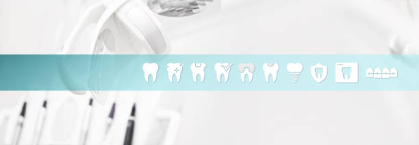 стоматологическая концепция здравоохранения зубы иконки и символы веб-баннер фон - dentist office dentists chair chair nobody стоковые фото и изображения