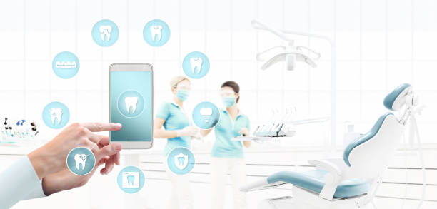 dentist hand touch smart phone screen, teeth icons and symbols on dental clinic with dentist's chair background web banner template dentist hand touch smart phone screen, teeth icons and symbols on dental clinic with dentist's chair background web banner template dental equipment photos stock pictures, royalty-free photos & images