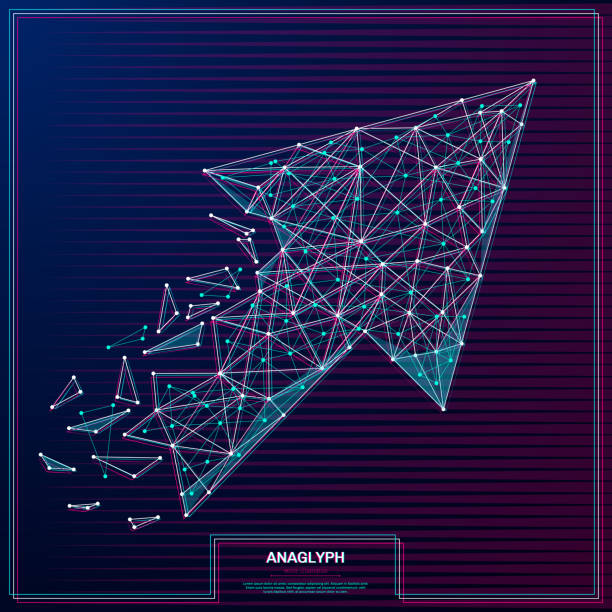 arrow up low poly anaglyph Vector distorted glitch concept. Tv distortion 3D effect stereoscopic, anaglyph arrow up. triangle building stock illustrations