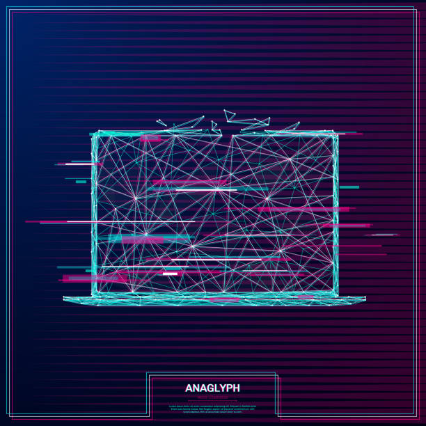 laptop low poly anaglyph Vector distorted glitch concept. Tv distortion 3D effect stereoscopic, anaglyph laptop. triangle building stock illustrations