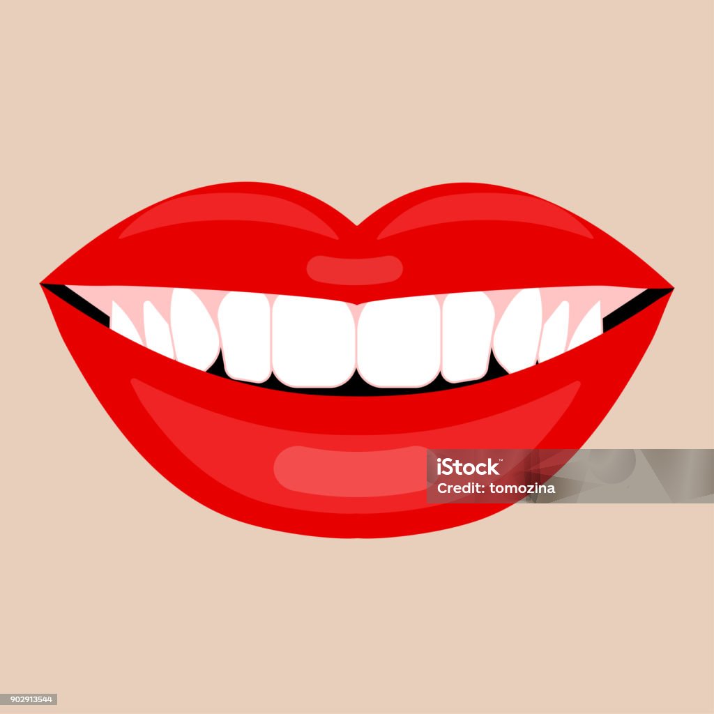 Beautiful smile with white teeth Beautiful smile with white teeth. Red lipstick, whiten healthy female teeth. Vector illustration Cartoon stock vector