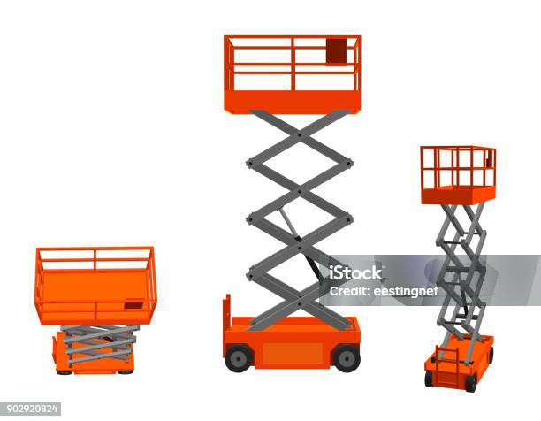 Scissors Lift Platform Isolated On White Background 3d Vector Illustration Different Viewes Stock Illustration - Download Image Now