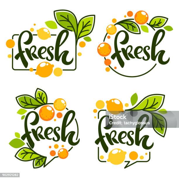 Vector Collection Of Bright Stickers Emblems Icon And Labels For Lemon And Orange Fresh Citrus Juice With Lettering Composition Stock Illustration - Download Image Now