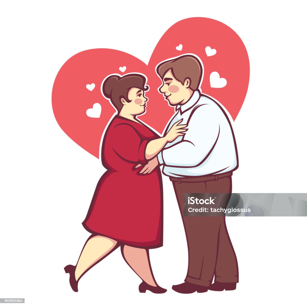 Overweight Romantic Couple Happy Cartoon Vector Man And Woman Dancing On  Heart Background Stock Illustration - Download Image Now - iStock