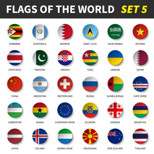 alle flaggen der welt gesetzt 5. kreis und konkave design - argentina qatar stock-grafiken, -clipart, -cartoons und -symbole