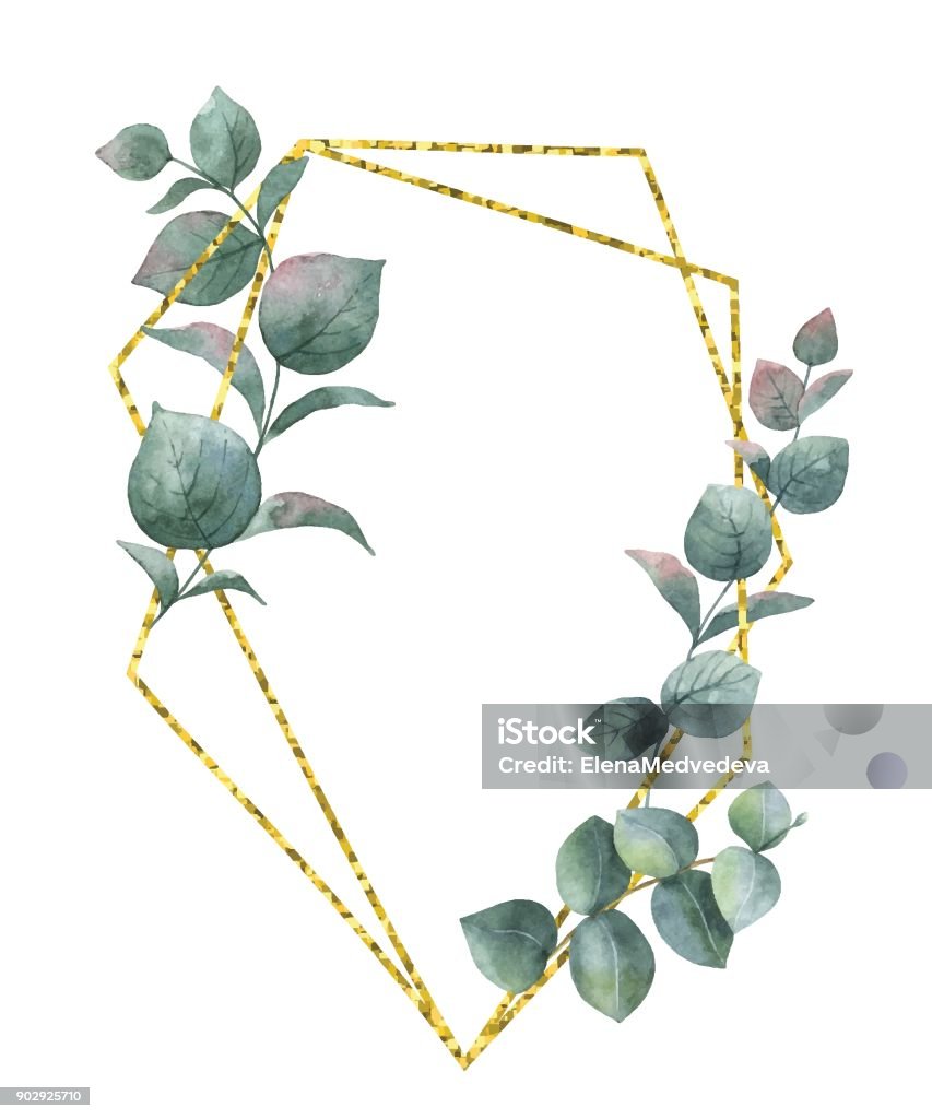 Composition de vecteur aquarelle des branches d’eucalyptus et or cadre géométrique. - clipart vectoriel de Bordure libre de droits