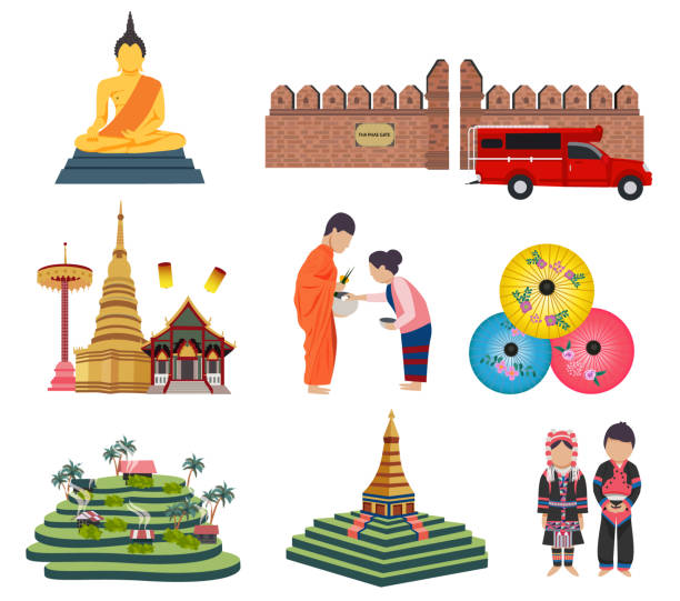 Thailand travel Thailand travel elements set with Northern culture concept, all in flat style, isolated on white background vector illustration chiang mai province stock illustrations