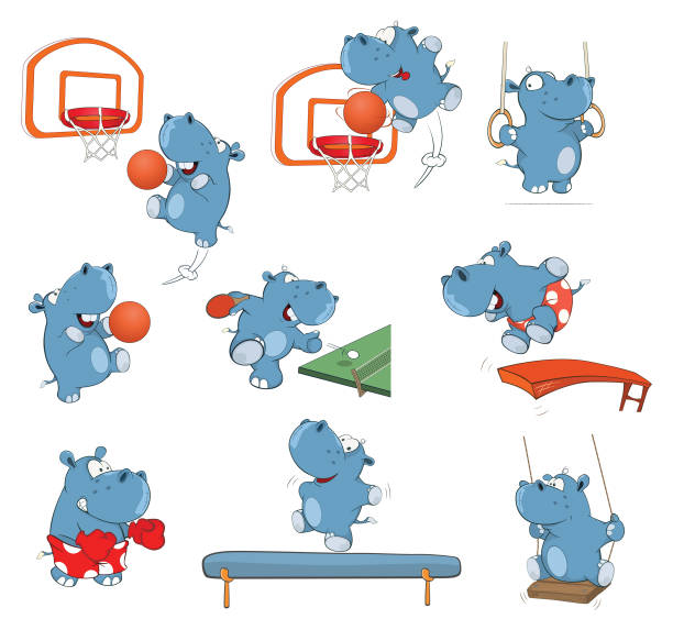 Set of  Cartoon Illustration Cute Hippo for you Design Set of various blue small cheerful hippopotamuses table tennis funny stock illustrations