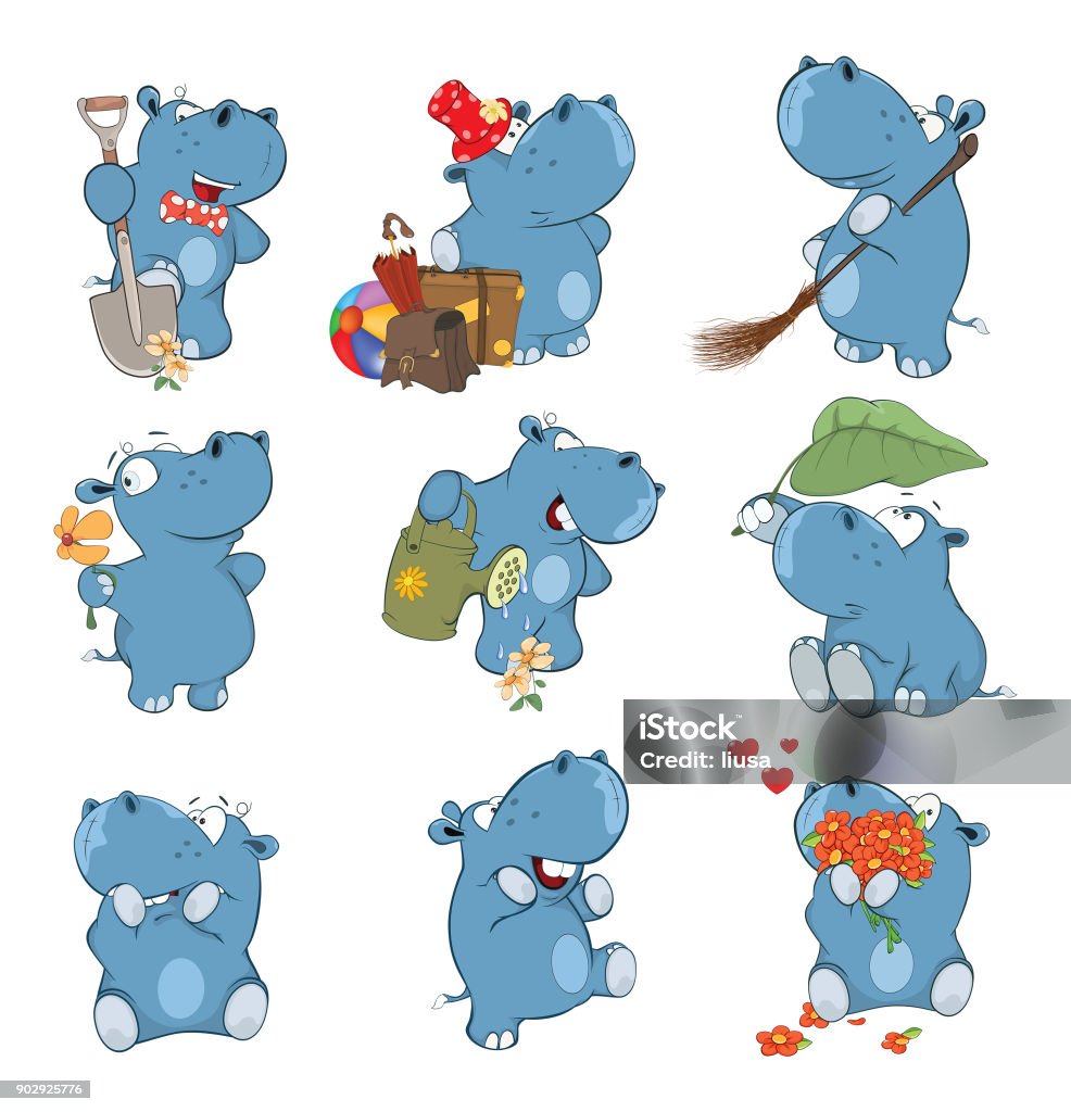 Set of  Cartoon Illustration Cute Hippo for you Design Set of various blue small cheerful hippopotamuses Hippopotamus stock vector
