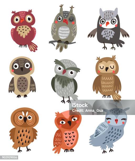 Cute Vector Owls Set Stock Illustration - Download Image Now - Owl, Pattern, Cute