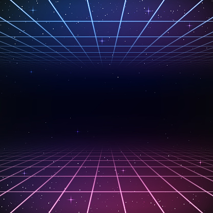 A retro 1980s style background, featuring glowing grid lines set against the stars and night sky. This is an ideal design element for your 80s themed party, poster or design project. All elements of this vector illustration are grouped onto clearly labelled layers within the EPS10 file making it easy for you to edit and customize to suit your needs.