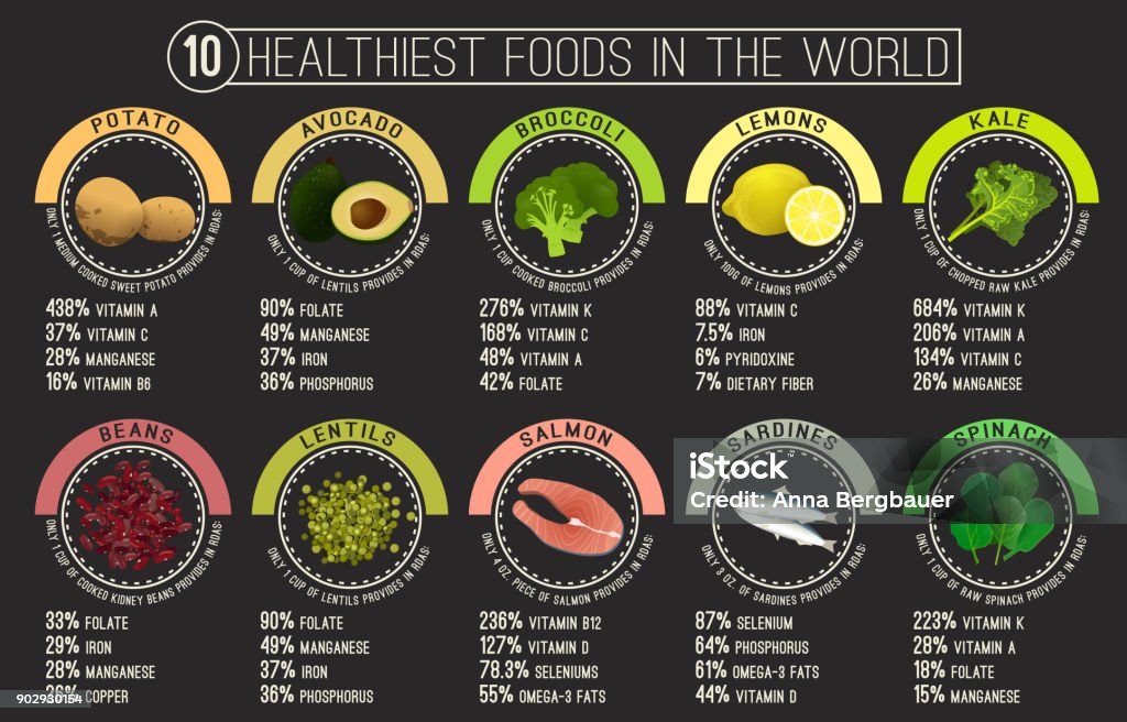 Healthiest food image 10 healthiest foods in the world. Lemons, kale, sweet potato, avocado, broccoli, beans, lentils, salmon, sardines and spinach. Healthy Eating stock vector