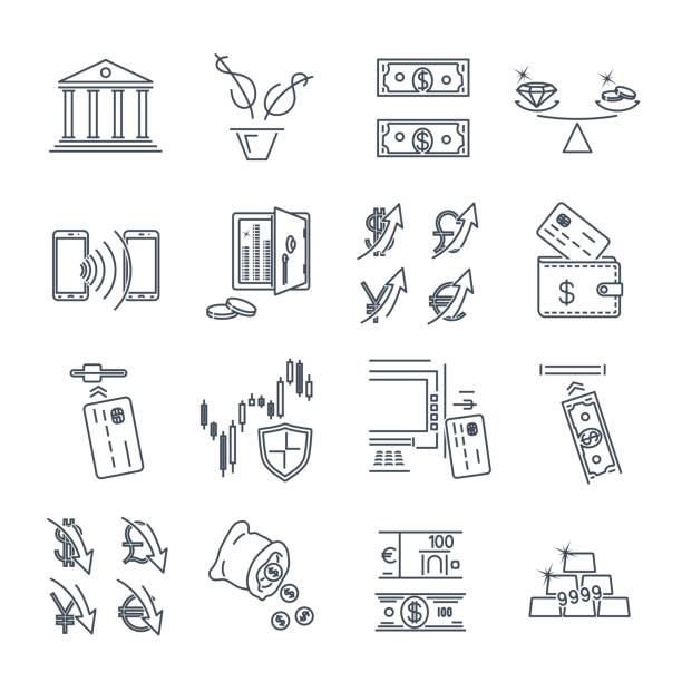 zestaw cienkich ikon linii biznesu, finansów, pieniędzy, waluty - bank symbol computer icon european union euro note stock illustrations