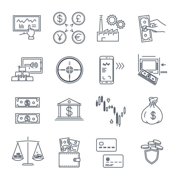 zestaw cienkich ikon linii biznesu, finansów, pieniędzy, - bank symbol computer icon european union euro note stock illustrations