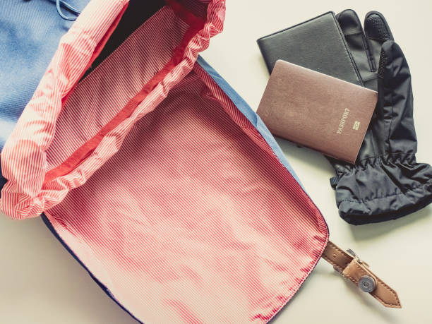 istock long holiday travel flat lay concept from blue backpack and lather strap with passport and warm glove put on isolated white background 902936668