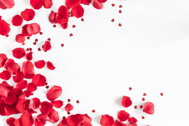 istock Rose flowers, confetti. Valentines day background. Flat lay, top view 902936882
