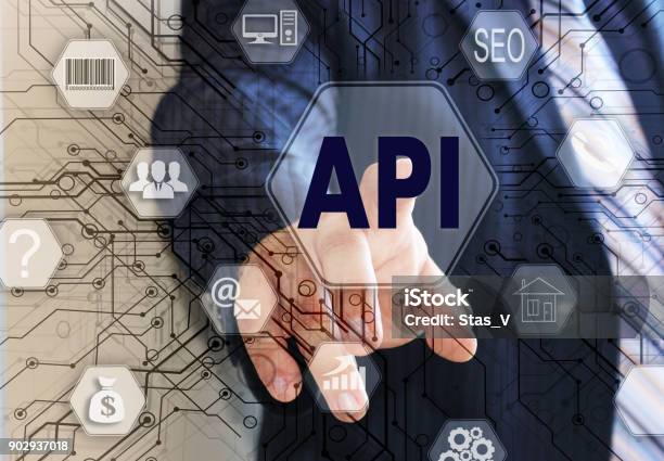 The Businessman Chooses The Api Application Programming Interface On A Touch Screen Concept Api Stock Photo - Download Image Now
