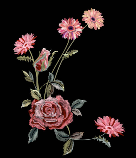 istock Pattern with pink rose and gerbera daisy, embroidery (imitation satin stitches) red, pink flowers, green leaves on black background, digital draw, decorative illustration, ornament for fashion, vector 902937278