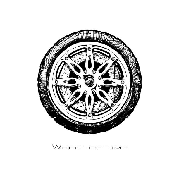 Wheel of history. Wheel of time. modern alloy wheel, ink hand drawn illustration. vintage tire stock illustrations