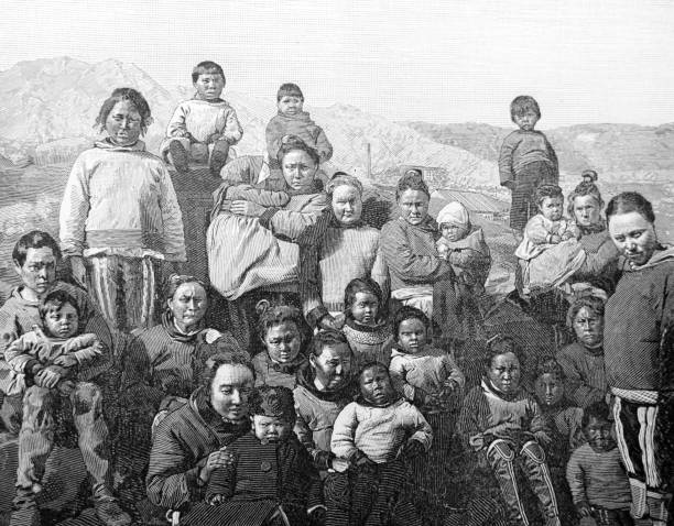 Large Inuit or Eskimo Family in 19th Century Large Inuit or Eskimo Family in 19th Century from the historic pre-1900 book "The English Illustrated Magazine 1891-1892". Imprint and cover as release. inuit-family stock illustrations