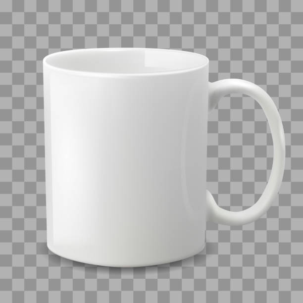 Photo realistic white cup isolated on the transparent background. Photo realistic white cup isolated on the transparent background. Design Template for Mock Up. Vector illustration. Template ceramic clean white mug with a matte effect, without the bright glare. mug illustrations stock illustrations