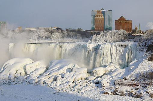 Frozen Niagara Falls in January 2018 during extreme cold weather for the couple of weeks in December 2017 and January 2018 in Ontario, Canada