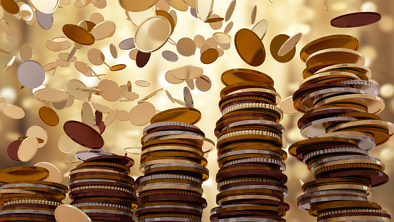 Coins stacks,Tower of coins.3d rendering