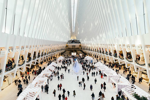 Interior wide angle view of the World Trade Center Transportation Hub also known as 'The Oculus', connecting subway and train systems in Lower Manhattan, New York