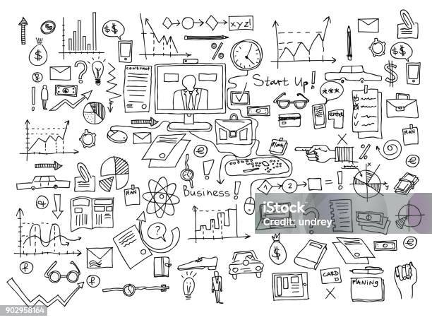 Hand Draw Doodle Elements Business Finance Chart Graph Stock Illustration - Download Image Now