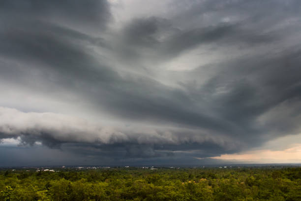 istock thunder strom sky Rain clouds and gloomy sky in black and white 902961196