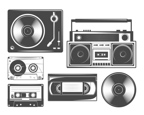 Set of vintage cassete, vinyl, recorders and players icons vector art illustration