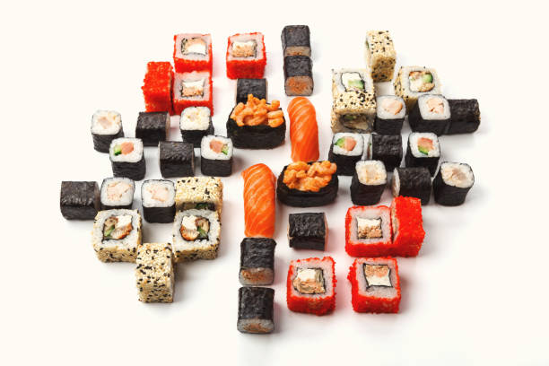 istock Set of sushi, maki and rolls isolated on white background 902962858