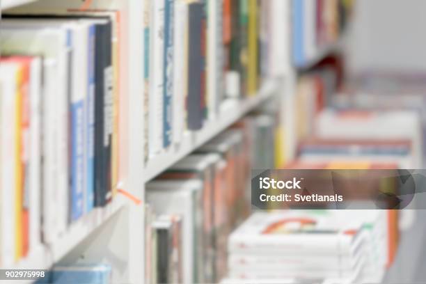 Abstract Blurred Books Manuals And Textbooks Bookshelves With Books Library Or Book Store For Light Backdrop Concept For Education Stock Photo - Download Image Now