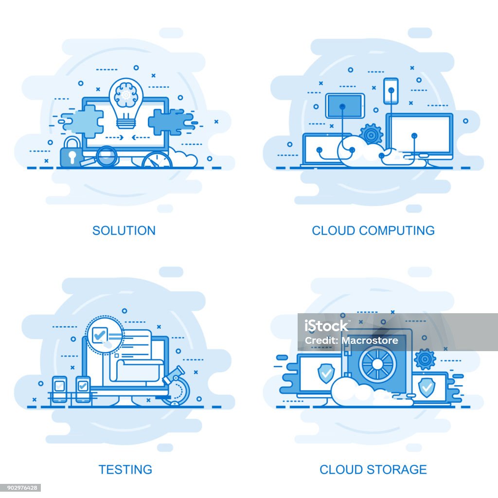 Modern flat color line concept web banner Modern flat color line concept web banner of Testing, Solution, Cloud Computing and Cloud Storage. Conceptual vector illustration for web design, marketing, and graphic design. Cloud Computing stock vector