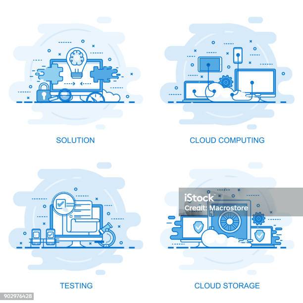 Modern Flat Color Line Concept Web Banner Stock Illustration - Download Image Now - Cloud Computing, Icon Symbol, Network Server