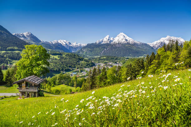idyllische landschaft der bayerischen alpen, berchtesgaden, deutschland - watzmann stock-fotos und bilder