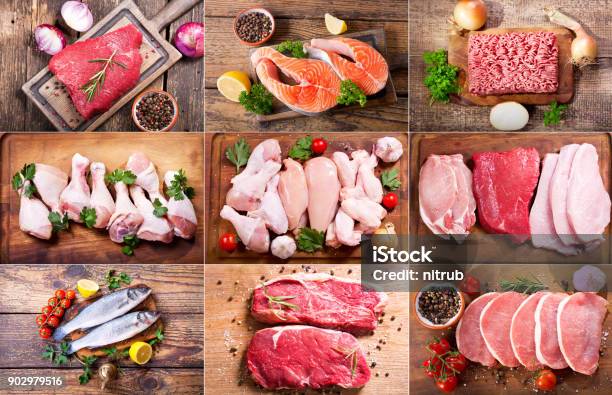 Collage Of Fresh Meat Chicken And Fish Stock Photo - Download Image Now - Meat, Image Montage, Raw Food