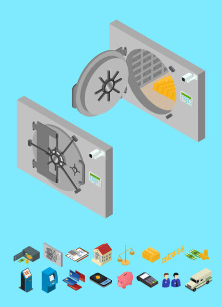 bildbanksillustrationer, clip art samt tecknat material och ikoner med banken sparar dörr set och element del isometrisk vy. vektor - kassaskåp och valv