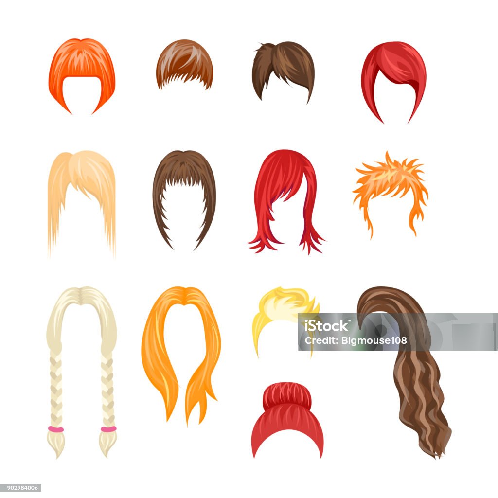 Cartoon Hairstyles Woman Set Vector Stock Illustration - Download Image Now  - Hair, Wig, Women - iStock