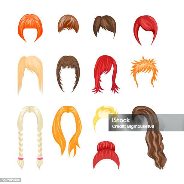 Cartoon Hairstyles Woman Set Vector Stock Illustration - Download Image Now - Wig, Vector, Women