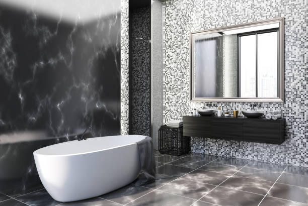istock Black marble and tiles bathroom corner 902990712