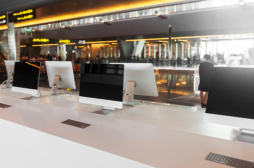 computer in the airport, lounge and information area
