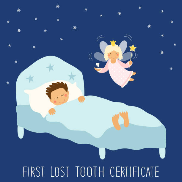 Cute hand drawn First Lost Tooth Certificate as sleeping kid and funny smiling cartoon character of tooth fairy Cute hand drawn First Lost Tooth Certificate as sleeping kid and funny smiling cartoon character of tooth fairy for your decoration dental gold crown stock illustrations