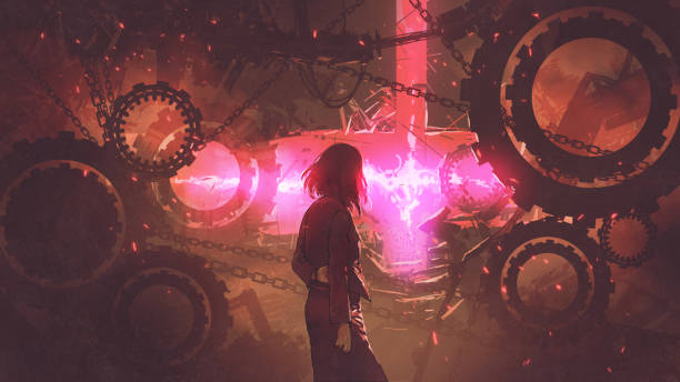 woman looking at the red light through gears back view of woman standing in old factory looking at the red light through gears, digital art style, illustration painting steampunk woman stock illustrations