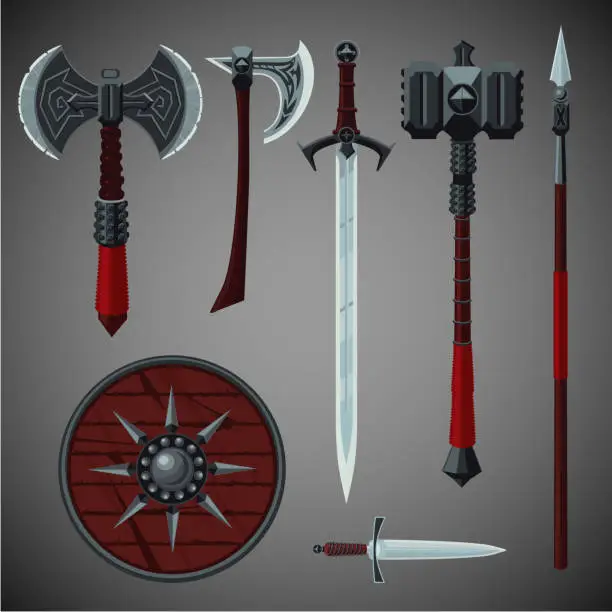 Vector illustration of Antique edged weapons collection. Game design set.